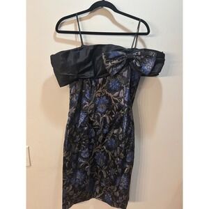 Vtg Jessica McClintock Floral Dress Off Shoulder Bow Cocktail‎ Black Blue 11/12